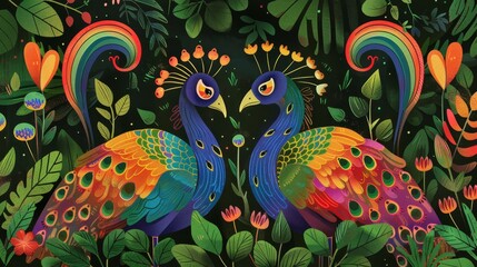Fototapeta premium Illustration of two vibrant peacocks facing each other surrounded by lush foliage.