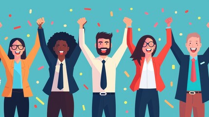 Illustration of diverse business team celebrating with confetti on a blue background.