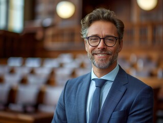 Fototapeta premium A Lawyer male wearing a professional suit, standing in front of a courtroom bench, smiling and looking into the camera