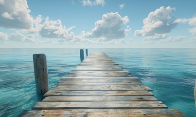 Fototapeta premium Wooden Dock Extending Out To The Calm Ocean Under A Clear Blue Sky
