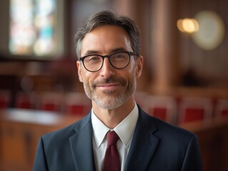 Fototapeta premium A Lawyer male wearing a professional suit, standing in front of a courtroom bench, smiling and looking into the camera
