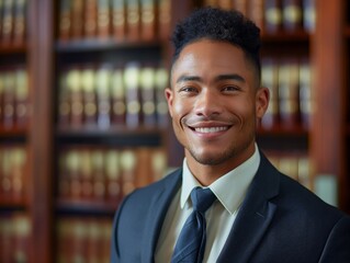 A Legal Assistant male wearing professional attire, standing in front of a desk with legal documents, smiling
