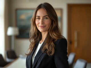 Fototapeta premium An Arbitrator female wearing professional attire, standing in front of a mediation room, smiling and looking into the camera