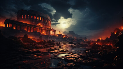ruins of the damaged colosseum of Rome in a post-apocalyptic scenery. the sky is dark and cloudy, red flashes in the distance