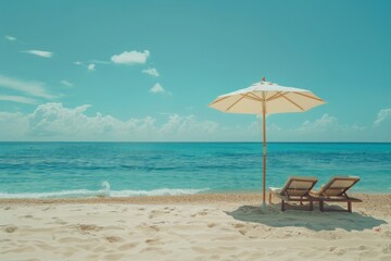 Obraz premium Sun bed and parasol (umbrella) at tropical paradise ocean beach in a sunny summer day