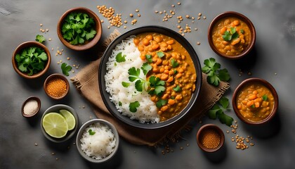 Homemade Red Lentil Dahl with Rice and Cilantro on a gray background, top view. Flat lay, overhead, from above.
