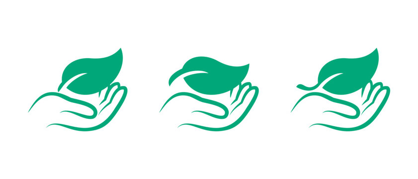 Green leaf and hand icon for eco and organic bio package label, vector signs. Biodegradable, recyclable or plastic free and biodegradable eco safe with bio degradable package stamps