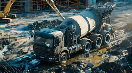Naklejka premium A cement truck on the construction site 