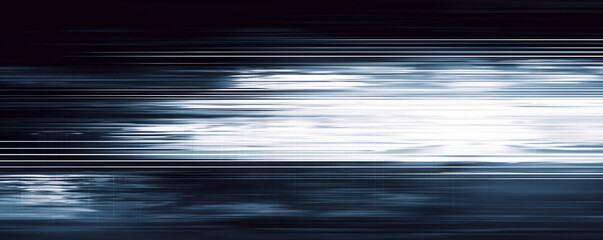 Abstract digital background with dark blue and light gray colors, horizontal stripes of light effects and glitch patterns on the screen