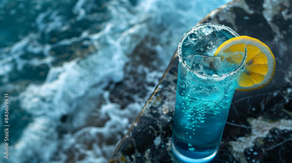 Poster a cerulean mocktail with a layer of bubbles and a slice of lemon. perched in a stylish flute on the 