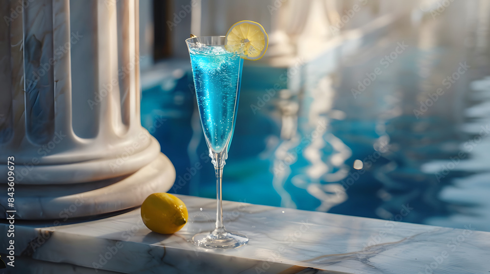 Poster a cerulean mocktail with a layer of bubbles and a slice of lemon. perched in a stylish flute on the 