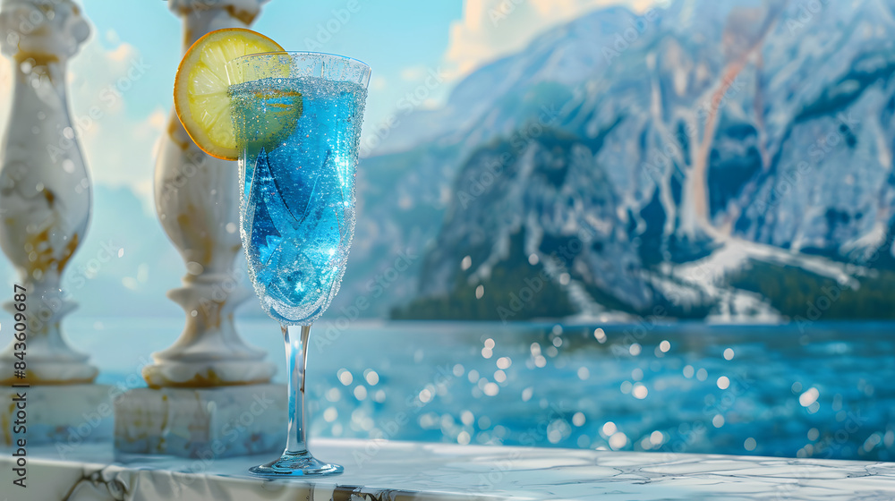 Poster a cerulean mocktail with a layer of bubbles and a slice of lemon. perched in a stylish flute on the 