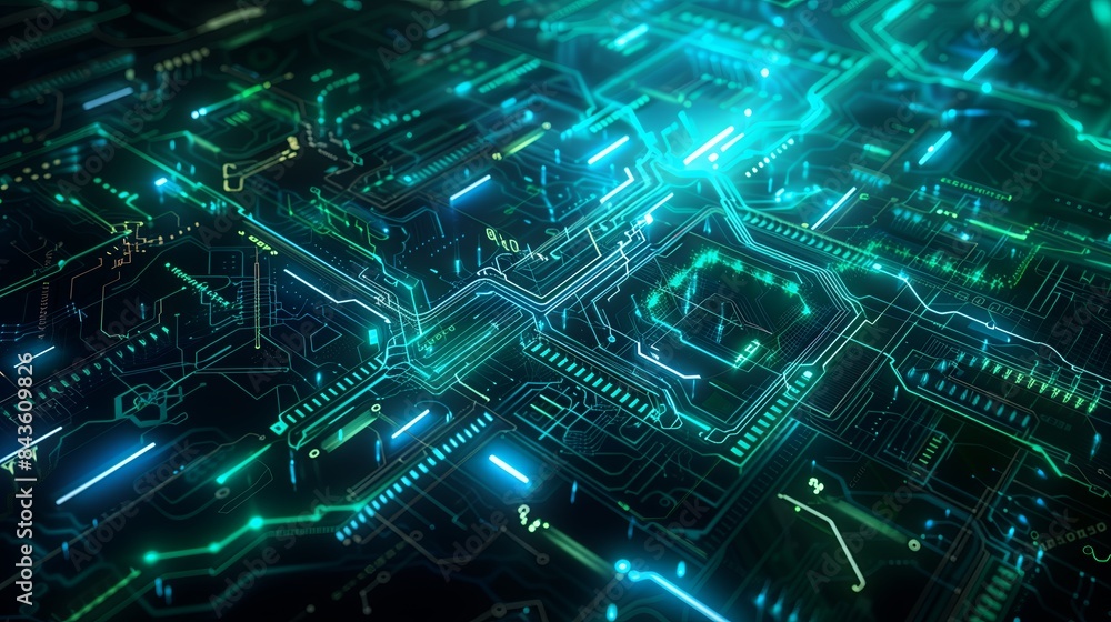 Poster Closeup of a computer motherboard with integrated circuits. Ideal for technology and digital themes, highlighting the complexity and precision of modern electronics.