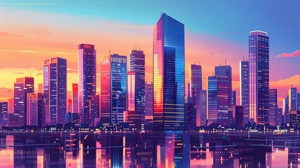 Vibrant cityscape featuring modern skyscrapers illuminated at night, reflecting off a nearby river. Perfect for urban and travel themes, capturing the dynamic and illuminated
