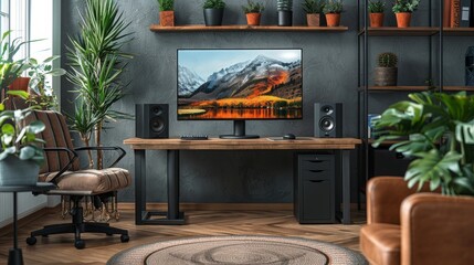 Modern Desktop With Mountain Wallpaper and Plants in a Home Office