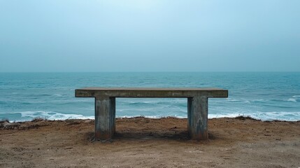 Concrete Bench Overlooking the Ocean on a Cloudy Day
