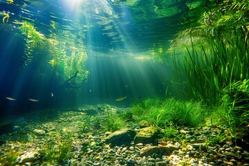 Obraz premium Clear freshwater lake with underwater plants and sunlight filtering through, ideal for nature and aquatic themes, capturing the serene and vibrant beauty of the ecosystem.