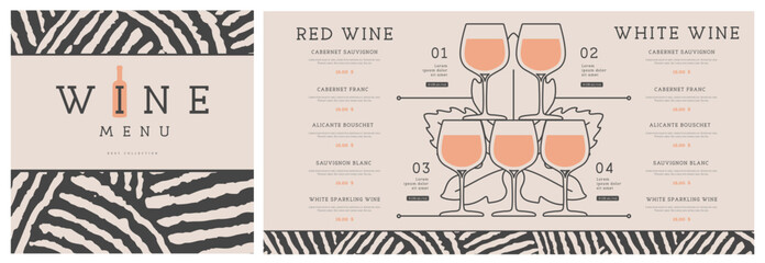 Restaurant wine menu design with pyramid of glasses. Line art modern vector illustration