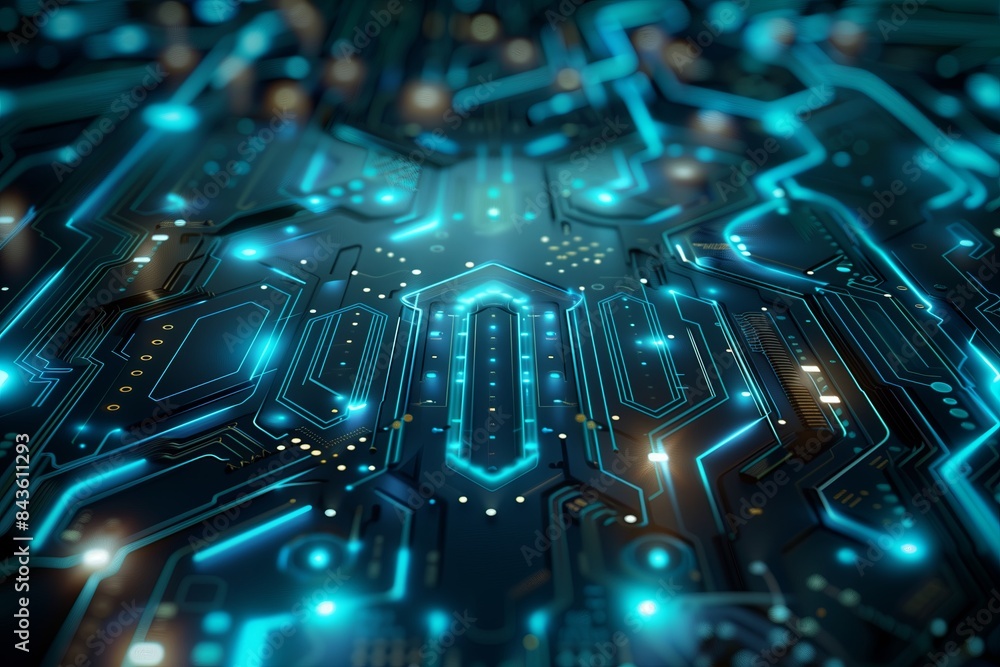 Poster Futuristic digital landscape with network and communication elements, ideal for tech and AI themes, capturing the complexity and interconnectedness of modern technology.