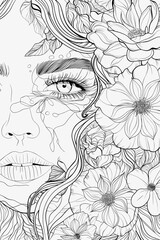 Coloring Book Page with Flowers and a womans face