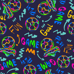 Seamless pattern with football ball, words, bots and arrow. Neon background for pajamas, stationery, textile, fabric and other design.