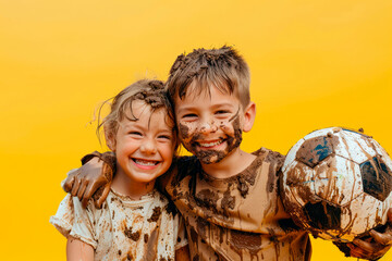 Passion for Play: Children Covered in Mud Holding a Soccer Ball, Reflecting Happy Childhood and Friendship, with a Yellow Background and Copy Space.