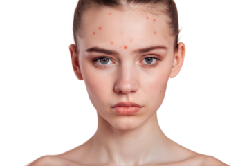 closed up of beautiful girl  depressed for  acne on her forehead   and  studio shoot, gray background