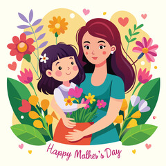 "Happy Mother's Day" text mother and daughter, flowers
