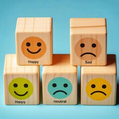 Happy sad and neutral smile faces on wooden blocks