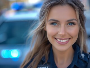 Obraz premium A Police Officer female wearing a police uniform, standing in front of a patrol car, smiling and looking into the camera