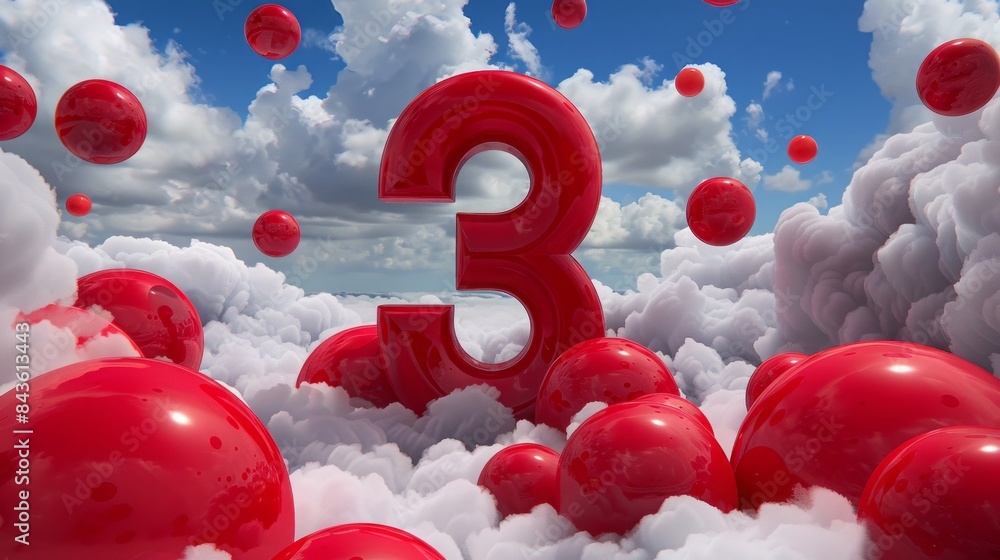Fototapete 3D red number three on a background of red balls and clouds.