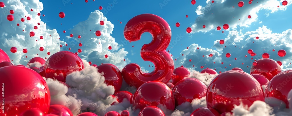 Fototapete 3D red number three on a background of red balls and clouds.