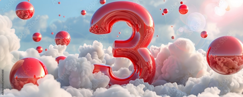 Fototapete 3d red number three on a background of red balls and clouds.