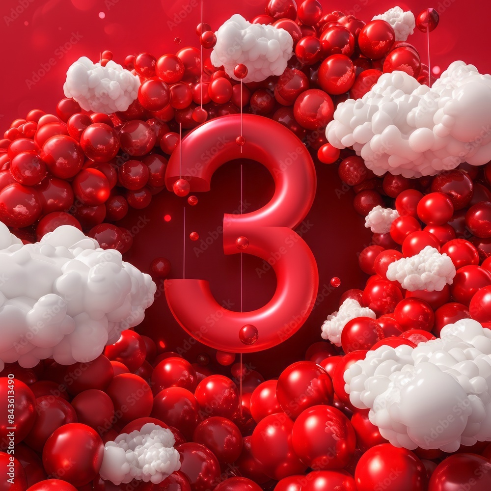 Fototapete 3D red number three on a background of red balls and clouds.
