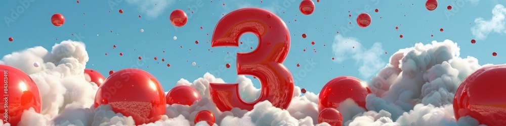 Poster 3d red number three on a background of red balls and clouds.