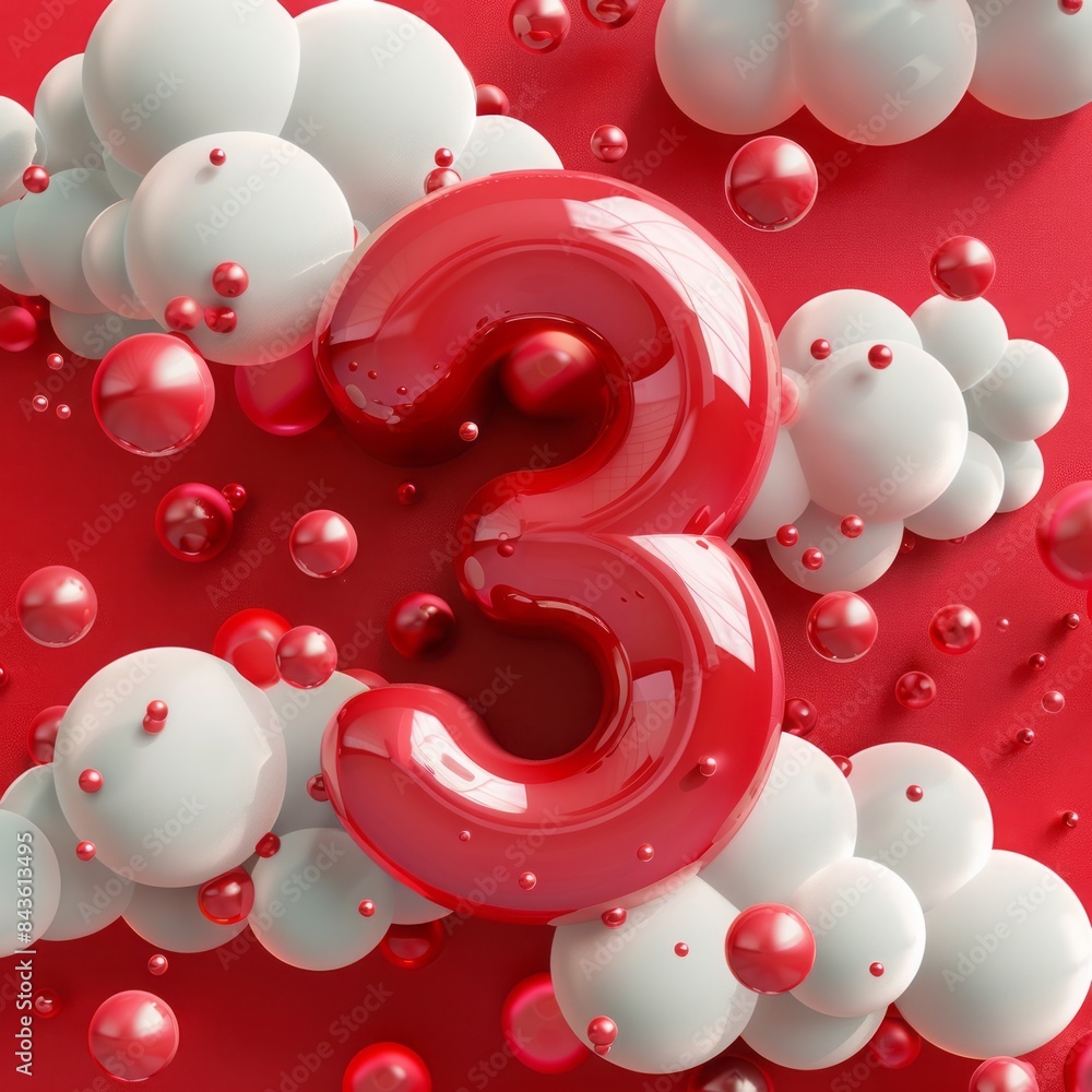 Poster 3d red number three on a background of red balls and clouds.