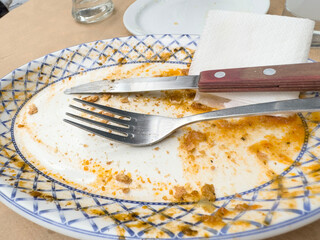 fork and knife on empty dirty plate after eating