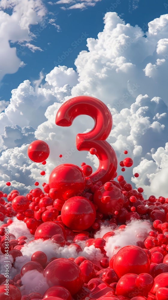 Fototapete 3D red number three on a background of red balls and clouds.