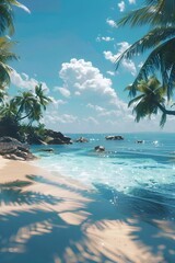 Captivating Tropical Beach Landscape with Swaying Palm Trees and Turquoise Waters under Bright Midday Sky