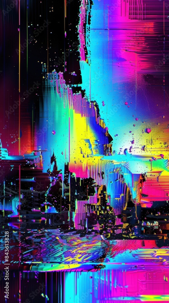 Poster vibrant digital glitch art featuring colorful and abstract glitch effects with neon colors, creating