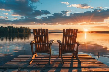 Two wooden chairs on a wood pier overlooking a lake at sunset