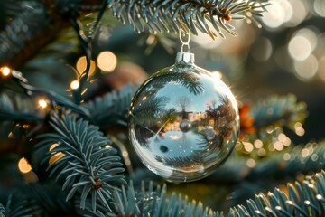 Glittery gold Christmas bauble on tree. Concept of festive decoration, ornament, holiday celebration, New Year decoration