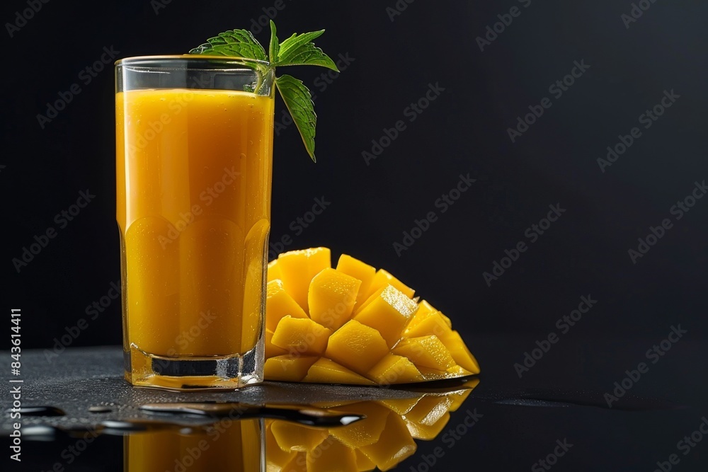 Poster refreshing mango juice with a slice of mango