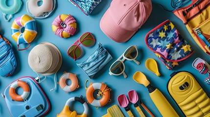 Flat lay design of summer safety tips with lightcolored clothing, widebrimmed hat, and UVprotection items