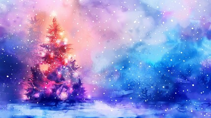 Obraz premium Watercolor Winter Wonderland with Illuminated Christmas Tree. Concept of holiday season, festive decorations, snowy landscape. Copy space