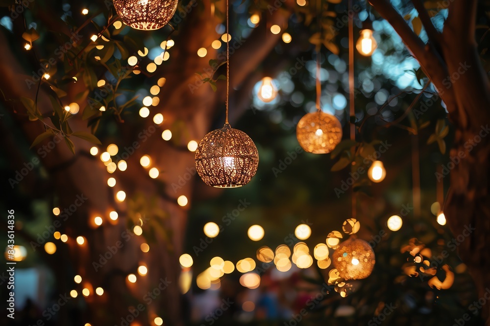 Poster twinkling string lights and lanterns adorn a tree branch, creating a warm and festive ambiance.