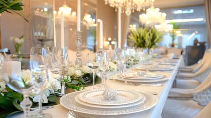 Elegant dining table setting with white flowers, candles, and crystal glasses.