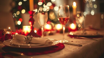 Festive dinner setup with wine glasses and Christmas decor. Concept of holiday celebration, fine dining, seasonal decoration