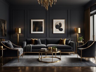 Dark gray walls with velvet, brass, and rich wood for a moody, elegant room design

