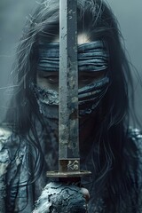 Obraz premium Haunting Yurei Ghost Clutching Cursed Katana Piercing Soulless Gaze in Ethereal Haze